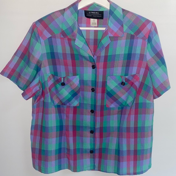 vintage 80s/90s Women’s Lyndal Aus Made bright check short sleeve blouse size 16 - Picture 9 of 12